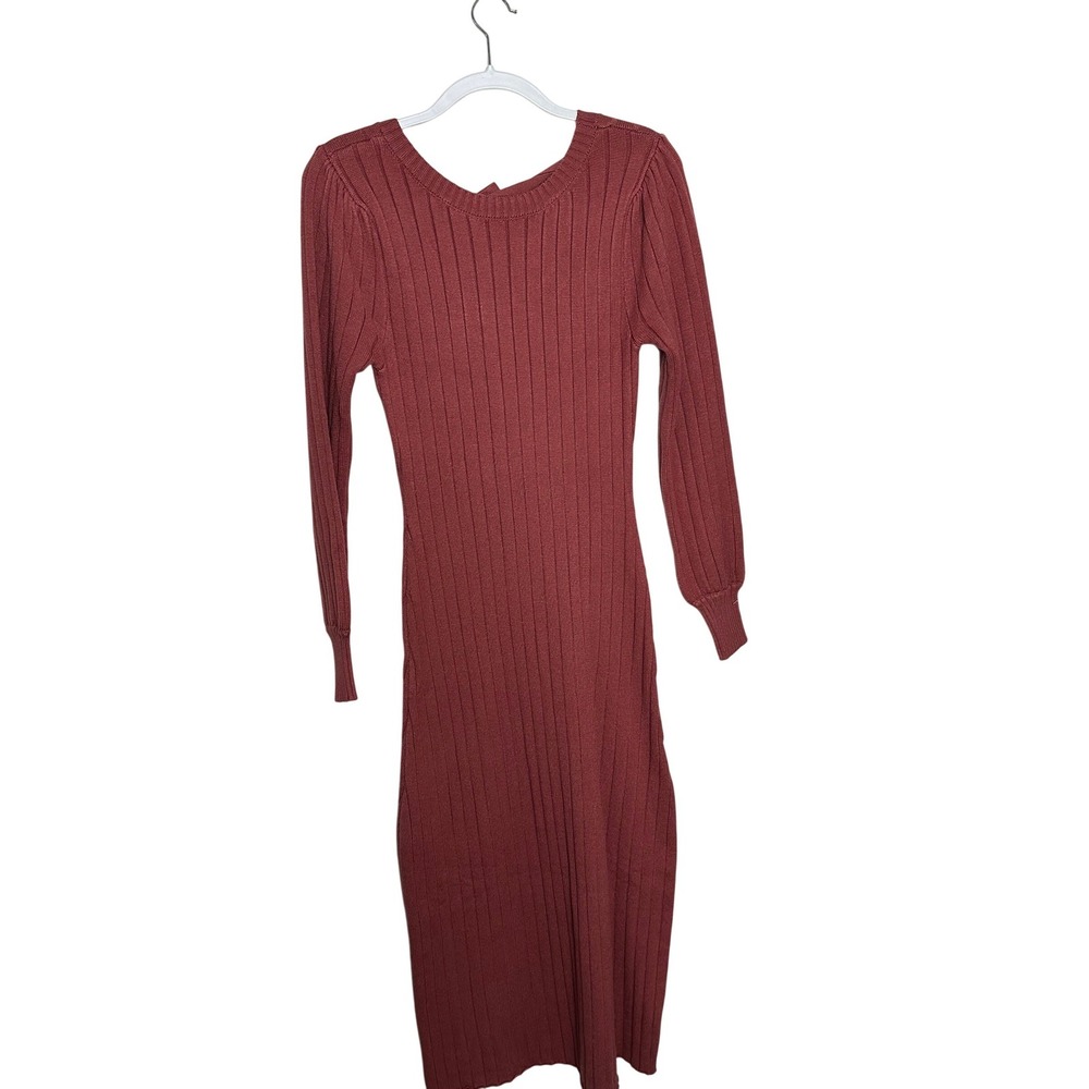 lalavon Ribbed‎ Knit Midi Dress Purl Neck Tie Long Sleeve Burgundy M